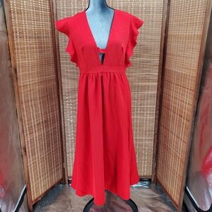 Luxedo Red Ruffle Sleeve V Neck Midi Dress with Cut Out Size Large